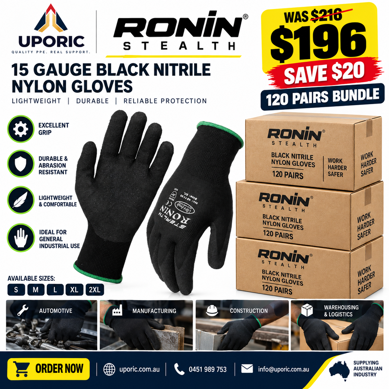 120 Pairs Ronin Stealth Black Nitrile Nylon Glove 15 Gauge