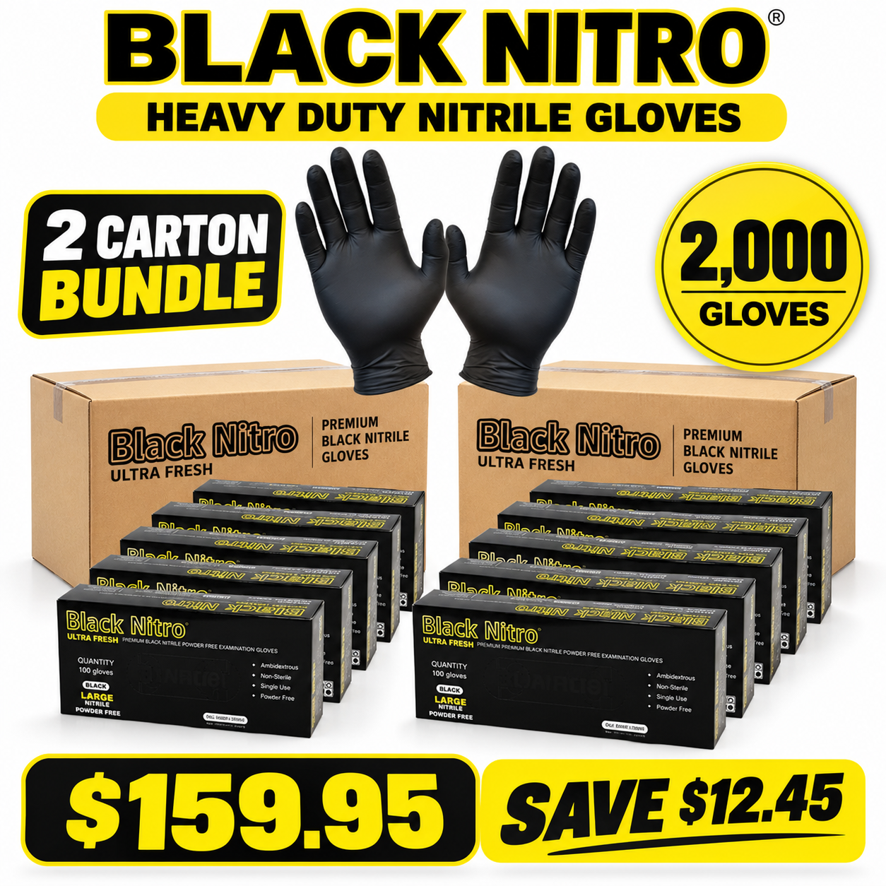 Black Nitro Heavy-Duty Black Nitrile Gloves – 2 Carton Bundle (2,000 Gloves)
