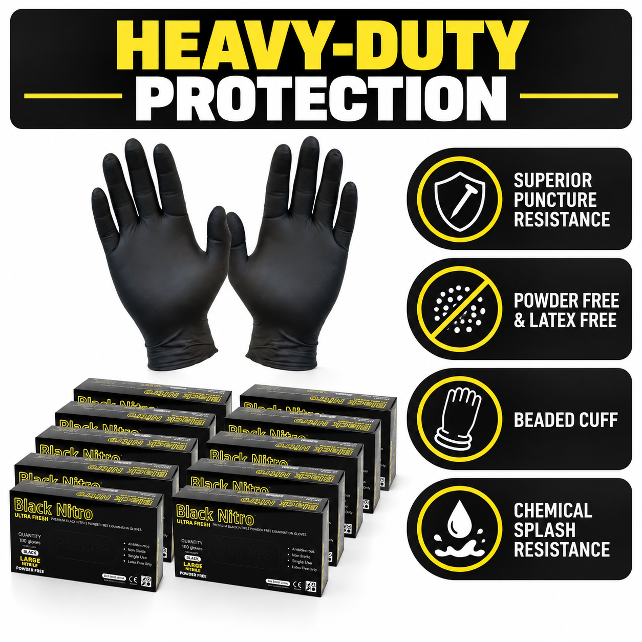 Black Nitro Heavy-Duty Black Nitrile Gloves – 2 Carton Bundle (2,000 Gloves)