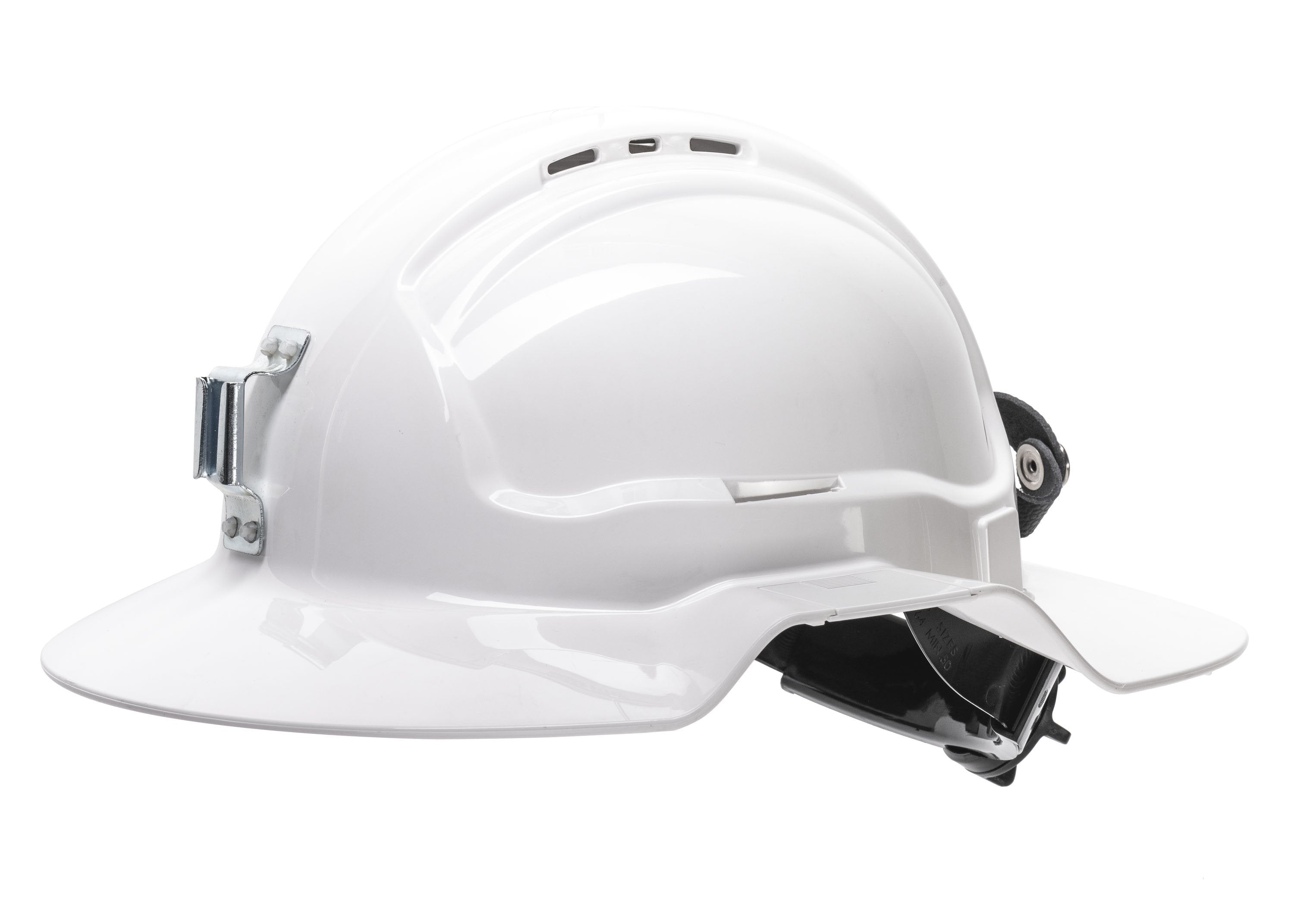 Maxisafe White Broadbrim Hard Hat with Metal Miners Bracket and Ratchet Harness – Carton of 10 packs