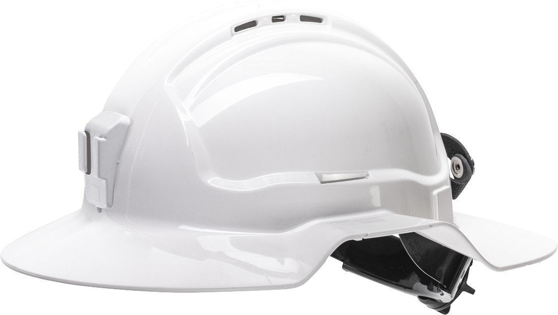 Maxisafe White Broadbrim Hard Hat w/ Plastic Miners Bracket – Carton of 10 packs