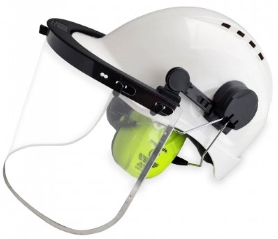 Maxisafe White Helmet with Clear Visor & Earmuffs, Ratchet Harness – product image 1