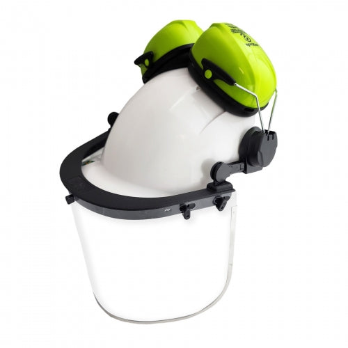 Maxisafe White Helmet with Clear Visor & Earmuffs, Ratchet Harness