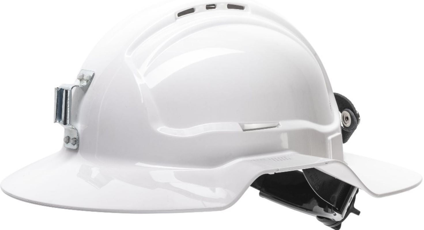 Maxisafe White Broadbrim hard hat w/ metal miners bracket & Ratchet Harness - Made in Australia – Head Protection – product image 1