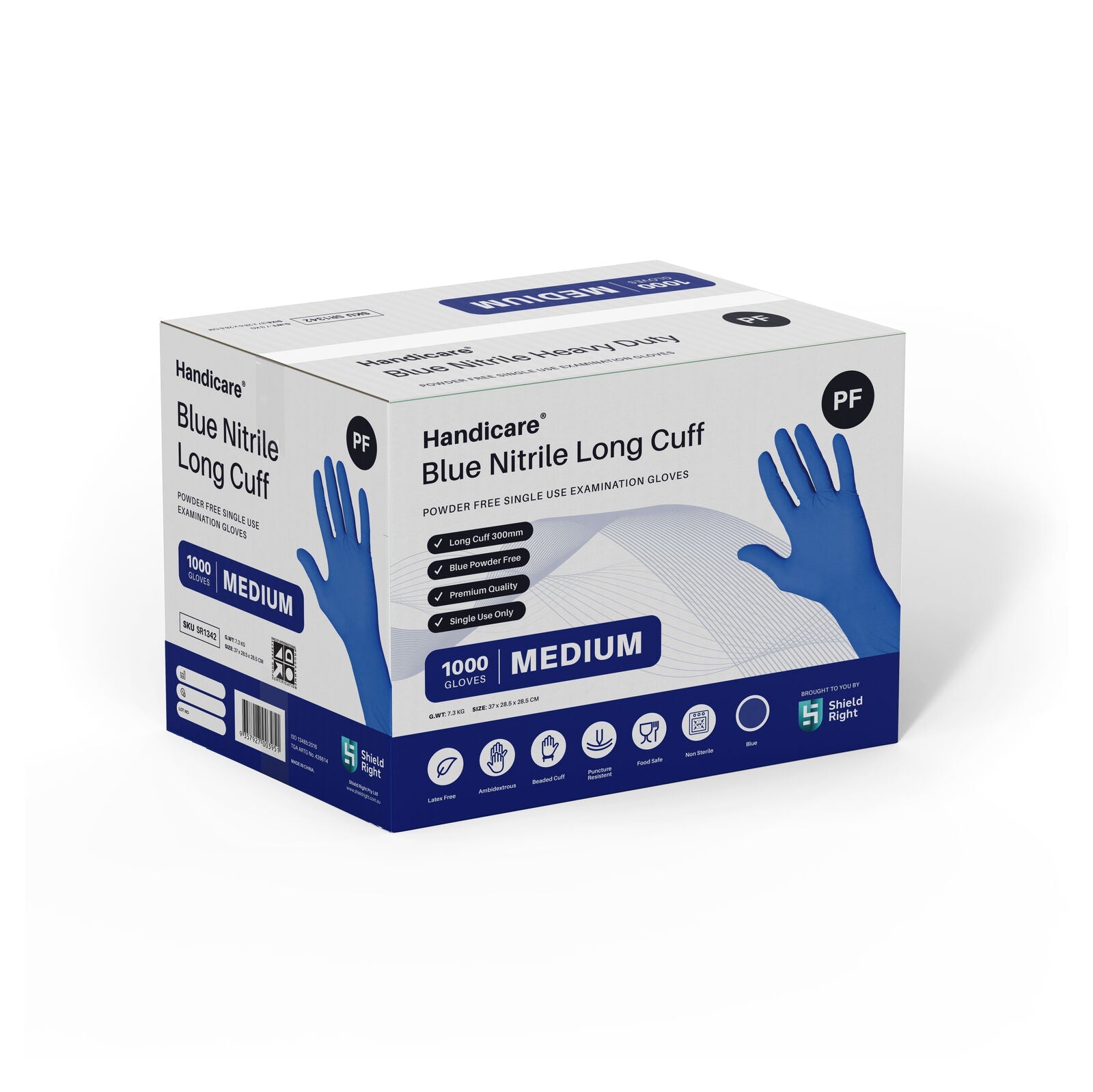 Handicare Blue Nitrile Long Cuff Powder Free - Carton of 10