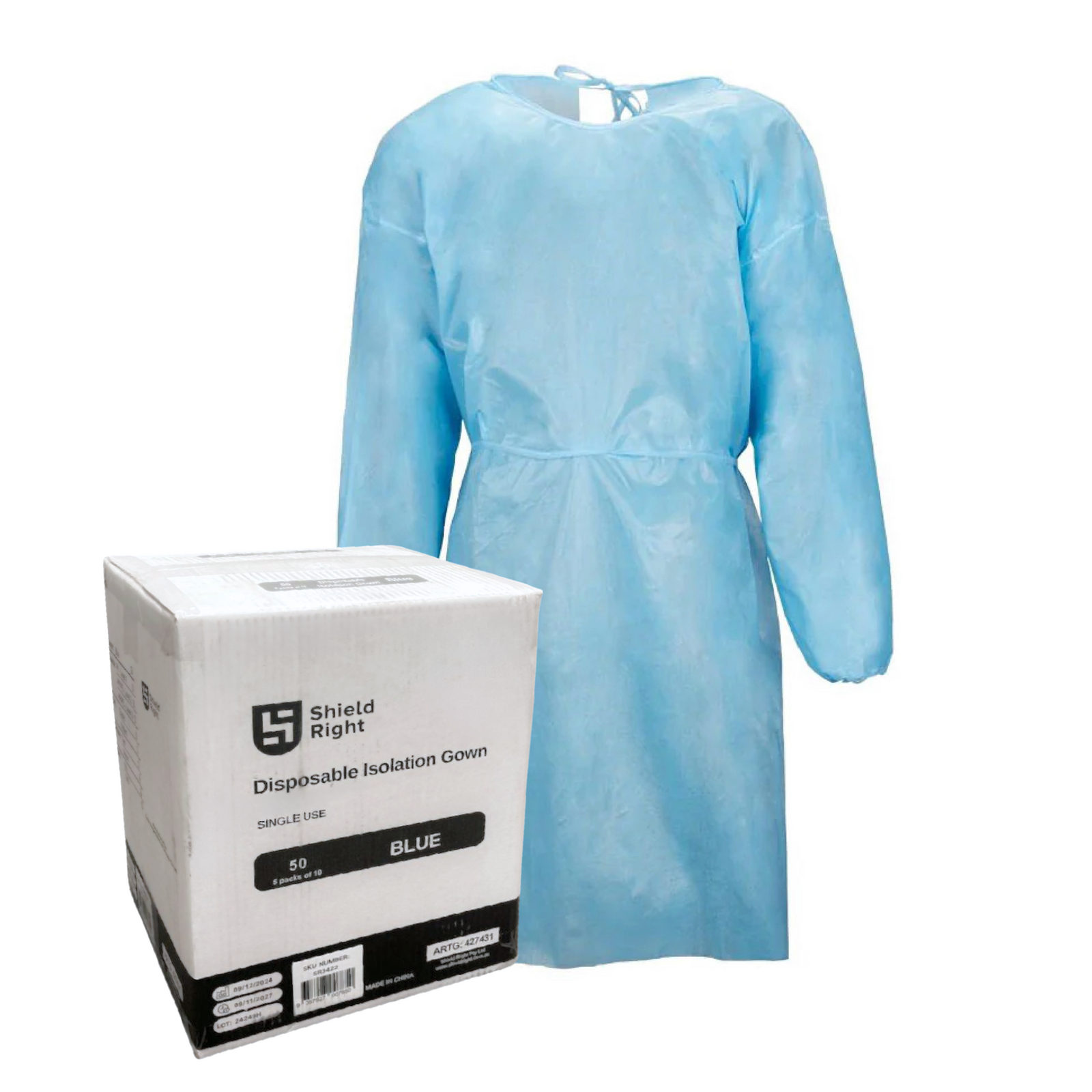Shield Right Blue ISO Gown Elastic Cuff Ties Closure Level 2