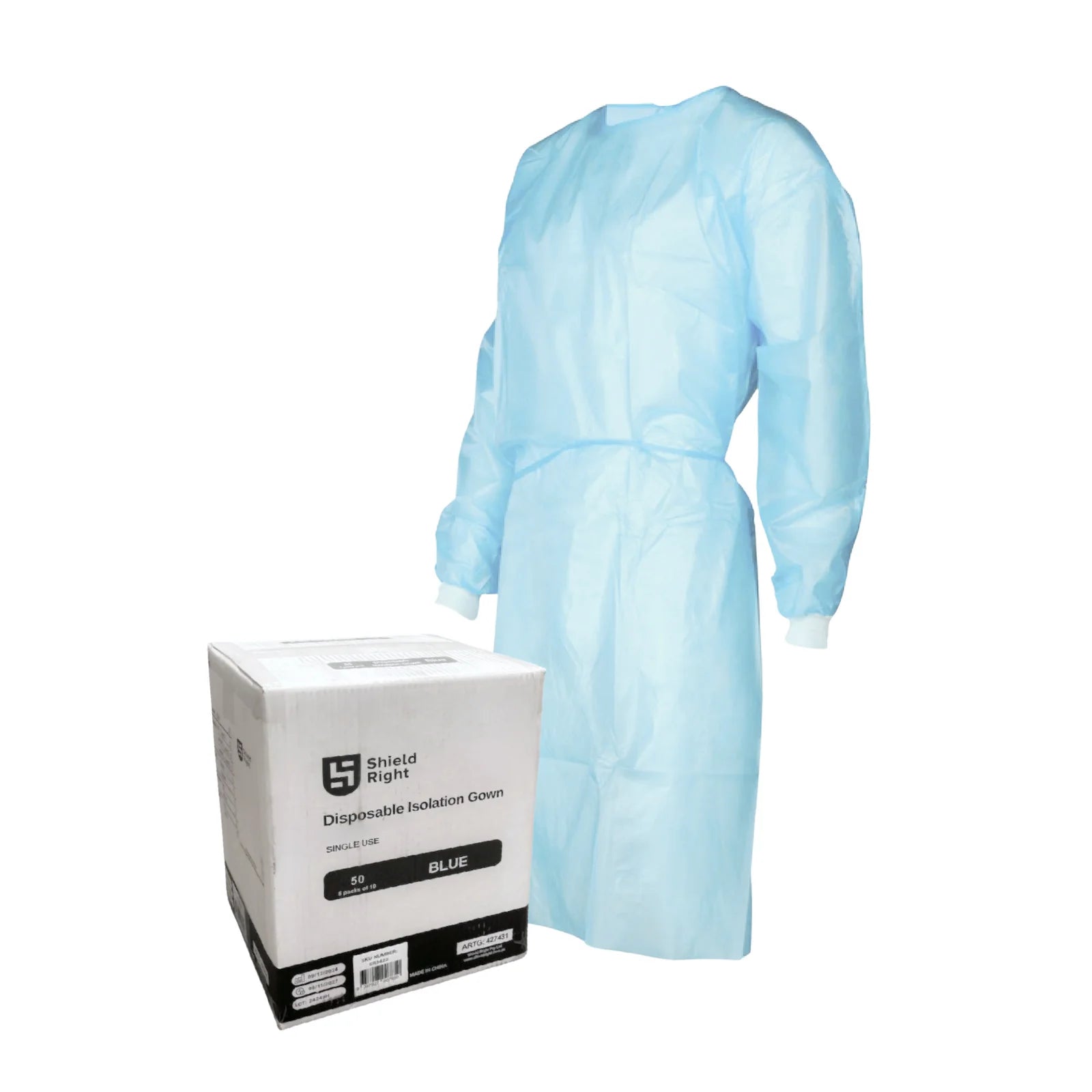 Shield Right Blue ISO Gown Knitted Cuff Velcro Closure Level 2