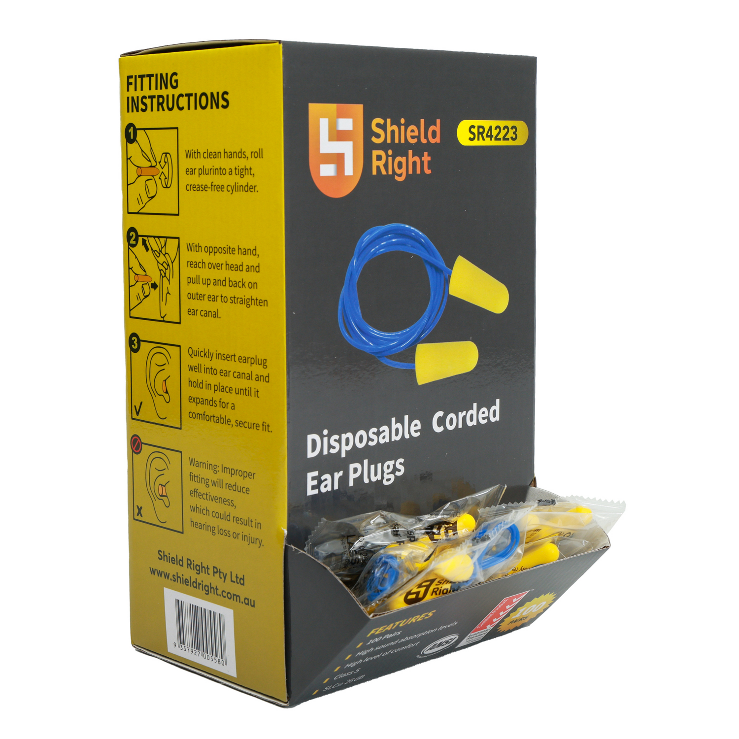 Shield Right Earplugs Corded Box of 100 Pairs - Carton of 10