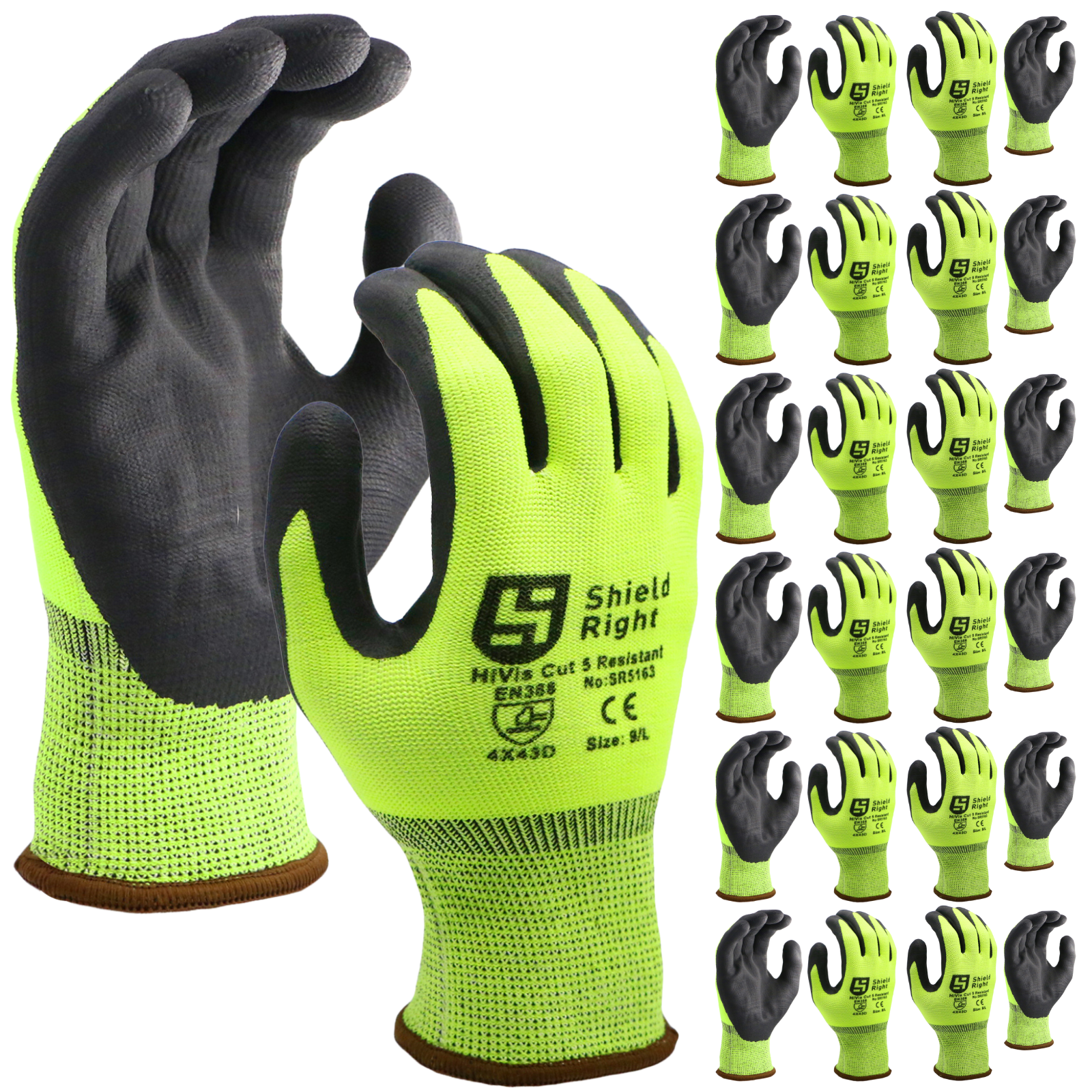 Shield Right HiVis Cut 5 Resistant Gloves - 12 Pack