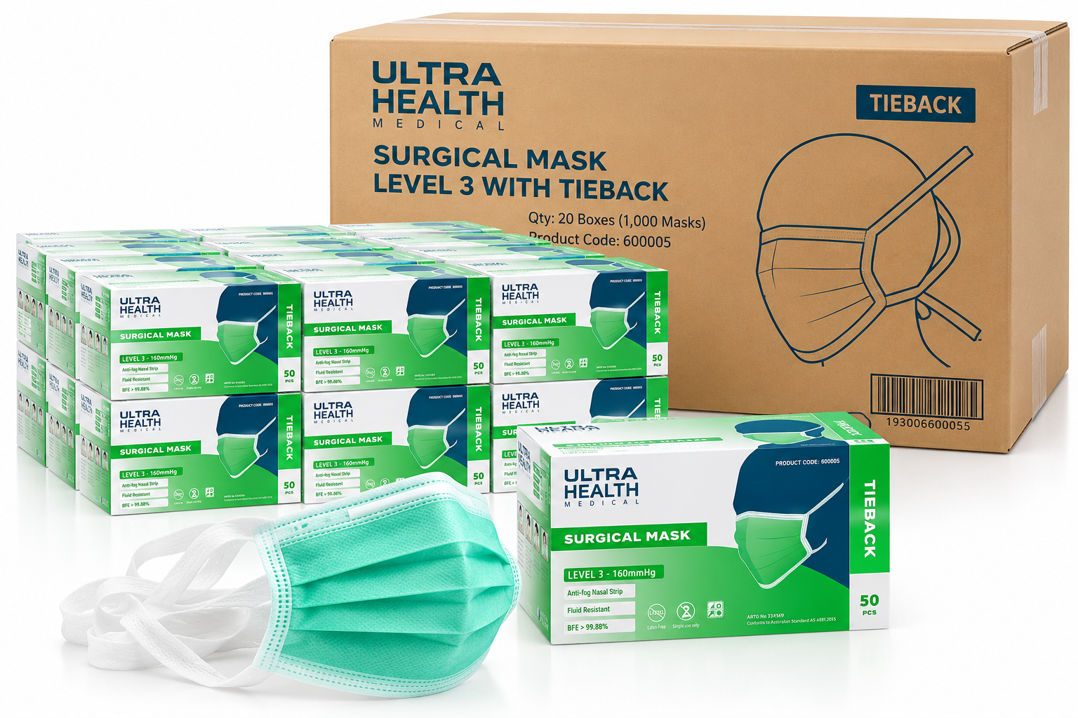 Ultra Health Level 3 Surgical Face Masks – Tie Back, Green, 50 Pack
