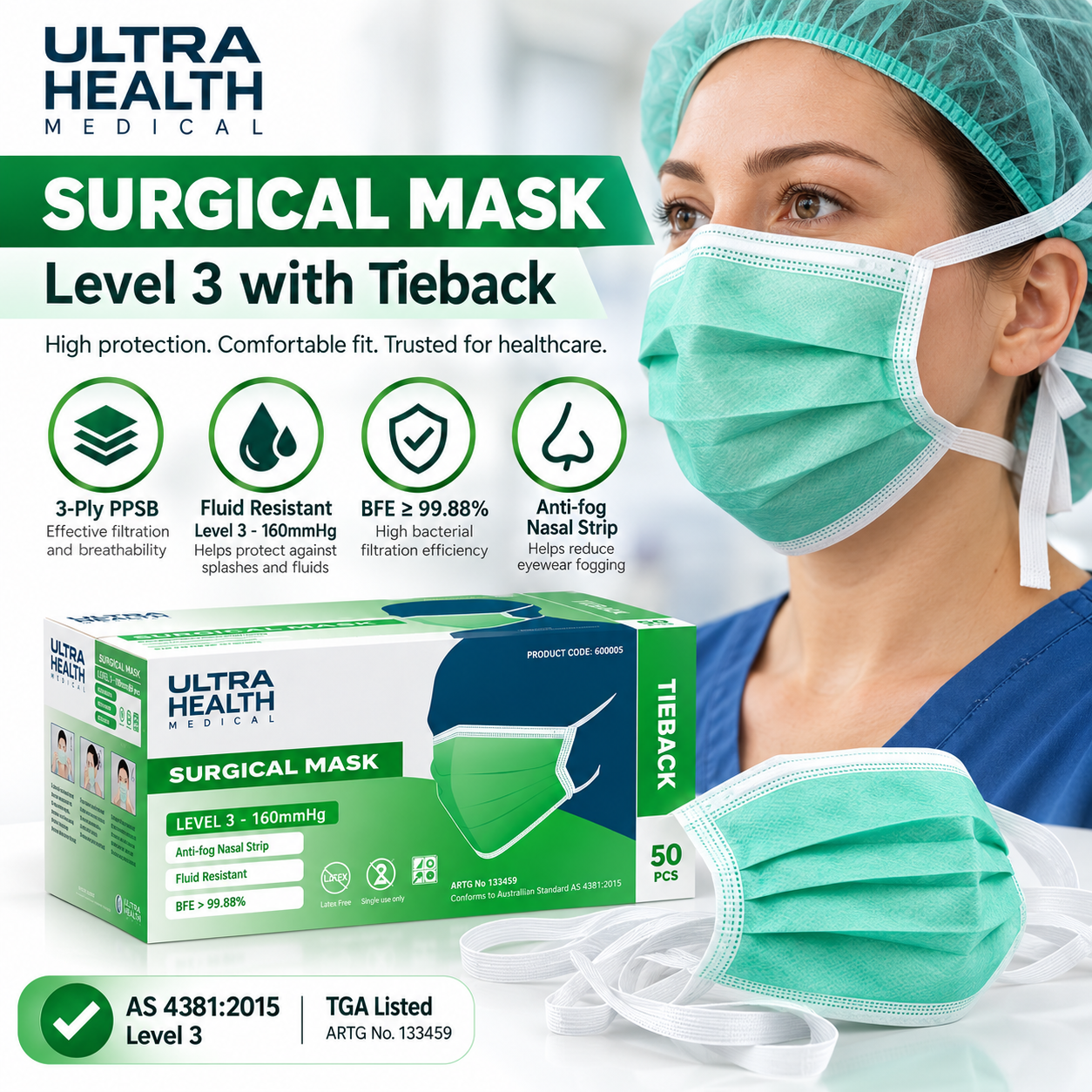 Ultra Health Level 3 Surgical Face Masks – Tie Back, Green, 50 Pack
