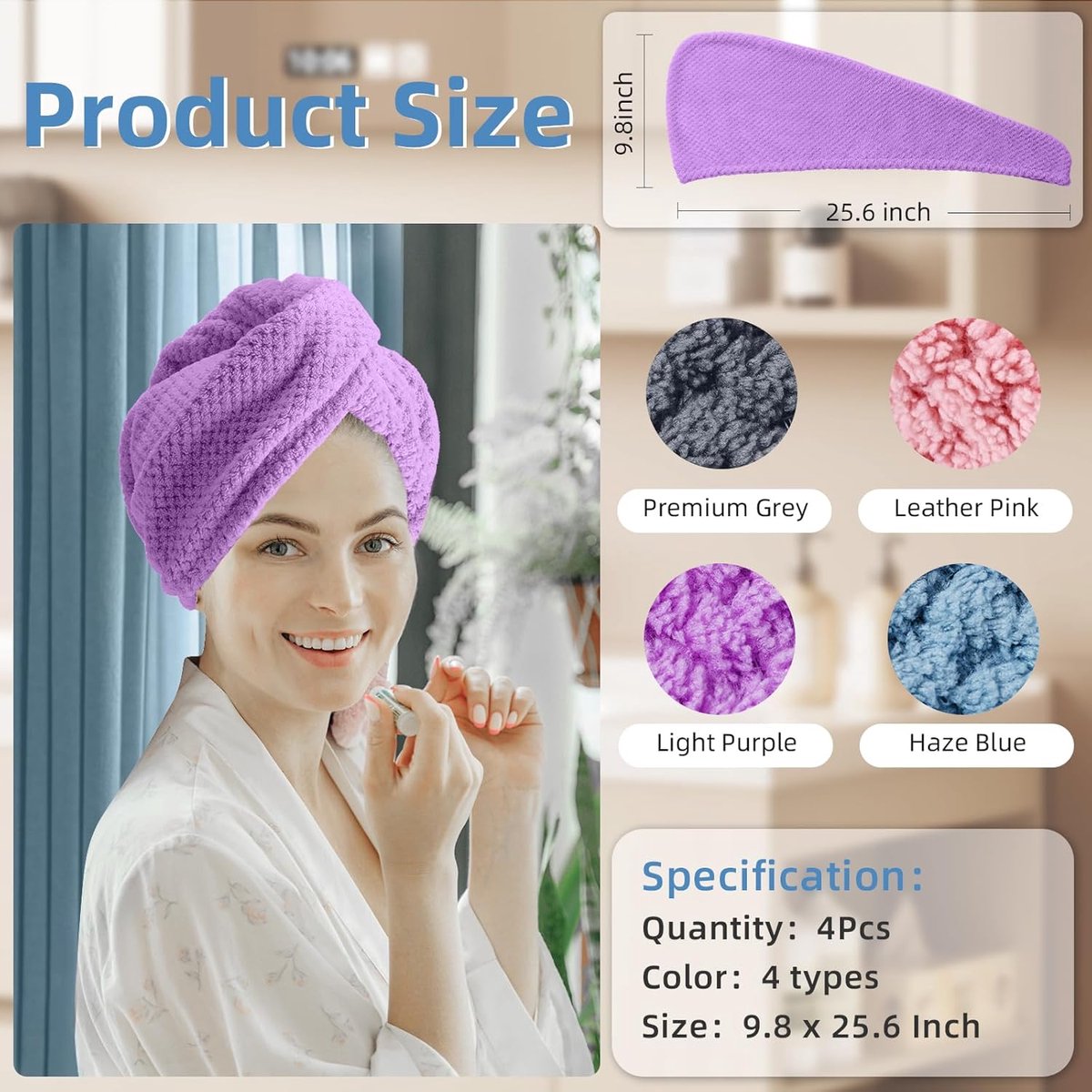 Towels - 4 pcs - Wet Hair Towel - Dry Hair Towel - Long Hair Headband - Women's Towels - Bathroom Amenities