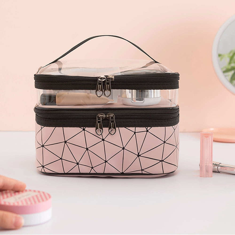 Meiyuuo Makeup Bag Cosmetic Bag Travelling Double Layer Make Up Bag Organizer Medium Case for Women Girls Reusable Toiletry Bags(Blue) Brown