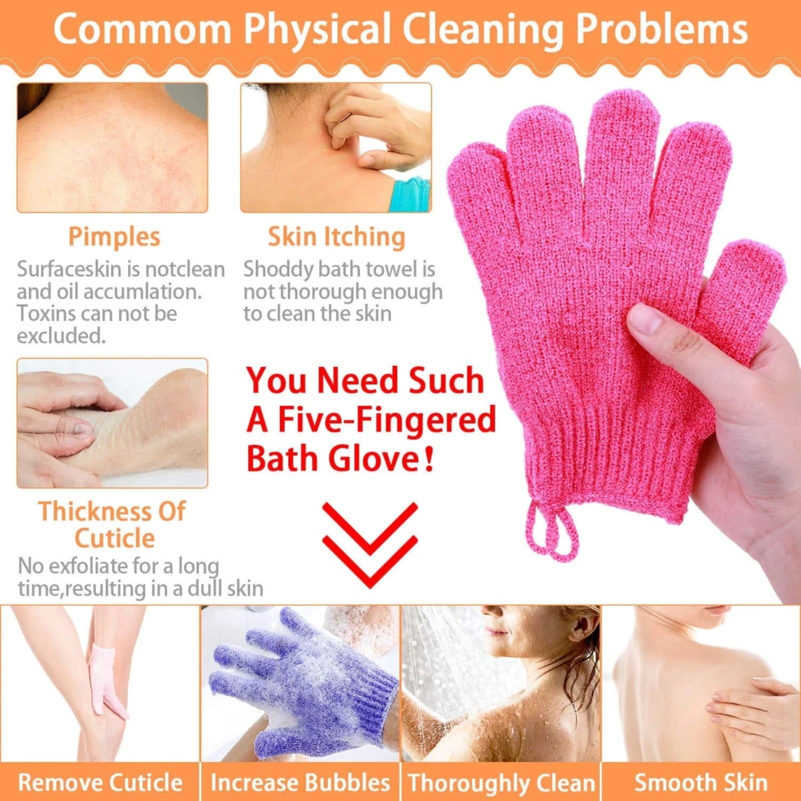 1 Pair Exfoliating Bath Gloves, Body Scrub Mitts for Shower Cleansing and Massage, 5.9 x 7.28 in, Blue, for Home Bath and Body Care
