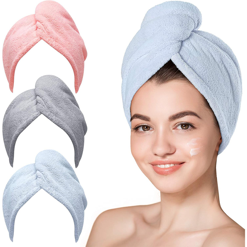 3 Pack Microfiber Hair Towel Wrap, Fast Drying Hair Towels for Women, Soft Lightweight Quick Dry Turban for Curly & Long Hair-Blue,Grey,Pink