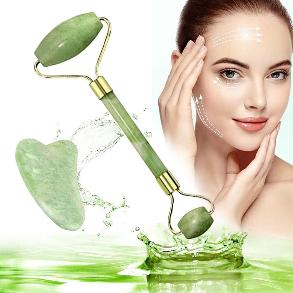 Jade Roller & Gua Sha Set Face Roller and Gua Sha Facial Tools for Skin Care Routine and Puffiness-Green
