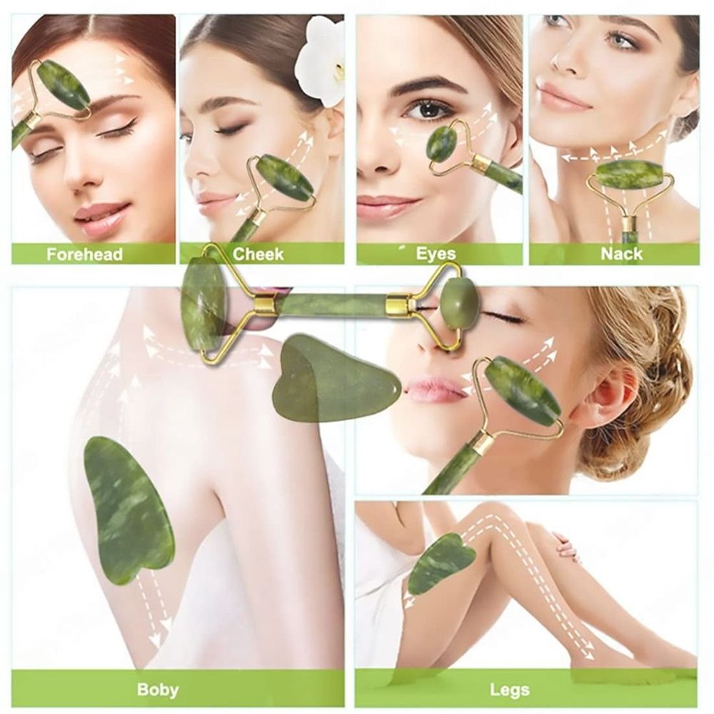 Jade Roller & Gua Sha Set Face Roller and Gua Sha Facial Tools for Skin Care Routine and Puffiness-Green