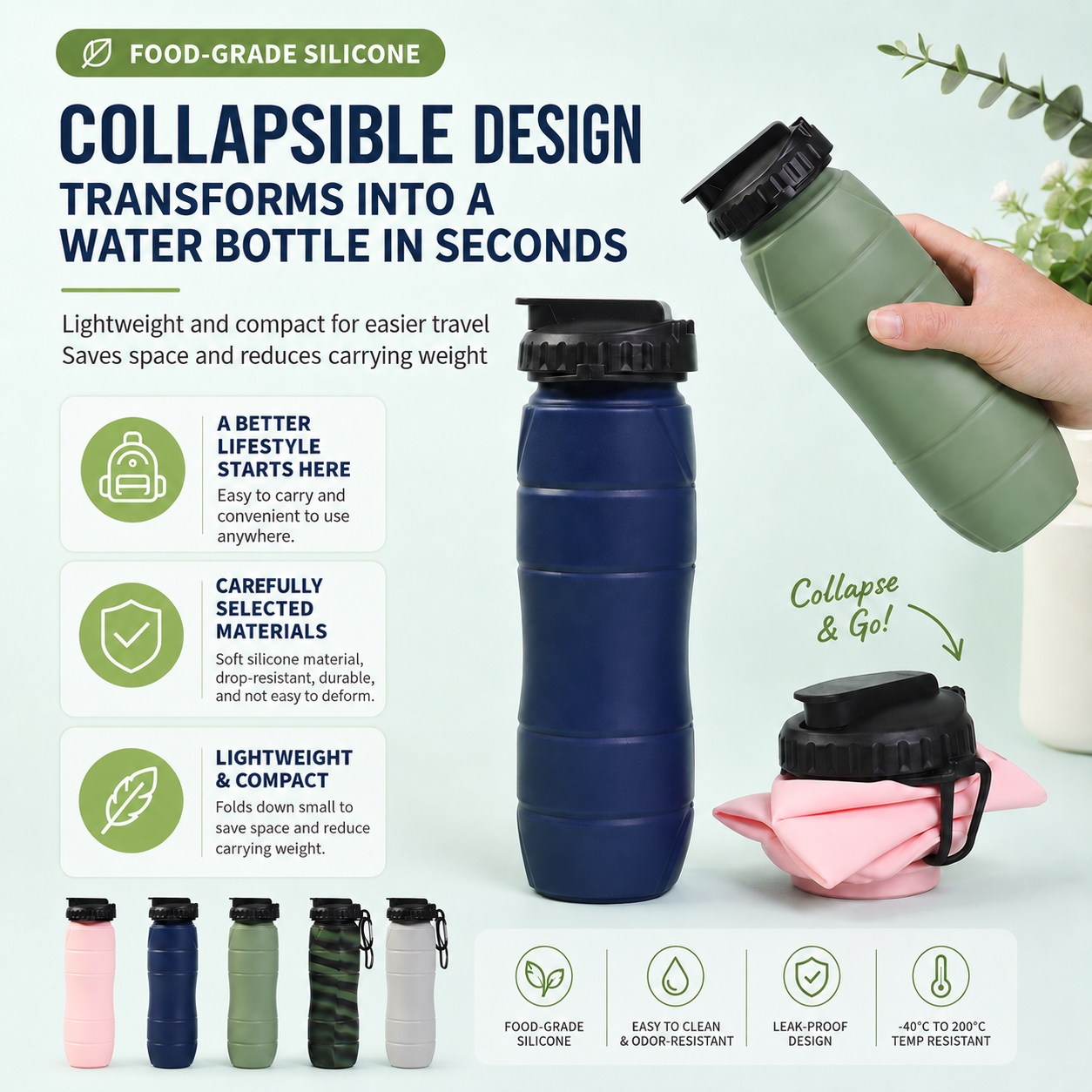 Pink Collapsible Silicone Water Bottle - 650ml Foldable Travel Bottle with Straw Lid, Food Grade Silicone Hiking Flask, Leak Resistant Portable Water Bottle for Outdoor Sports Fitness Cycling