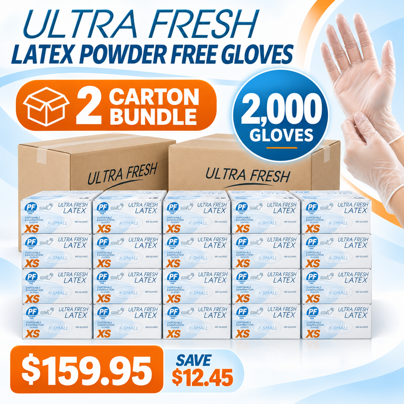Ultra Fresh Clear Latex Powder-Free Gloves – 2 Carton Bundle (2,000 Gloves)